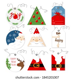 Set of labels for gifts with a Happy New Year. Round, triangular and rectangular tag with the image of Santa Claus, deer, Christmas tree, bag of gifts, snowflakes for a fun holiday