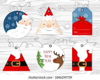Set of labels for gifts with a Happy New Year. Round, triangular and rectangular tag with the image of Santa Claus, deer, Christmas tree, gift bag, snowflakes.