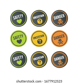 Conjunto de etiquetas, gradación de niveles de peligro. Seguridad, incertidumbre, peligro. Tres opciones y diseños. Grado de peligro. Ajuste seleccionado