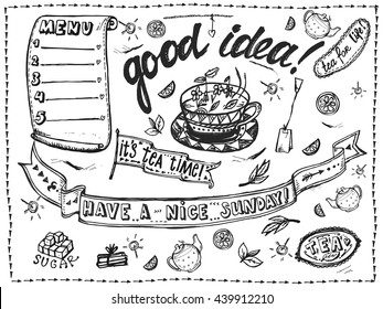 Set of labels and graphic elements for design menu tea and coffee on a white background. Inscription good idea. Vector graphics.