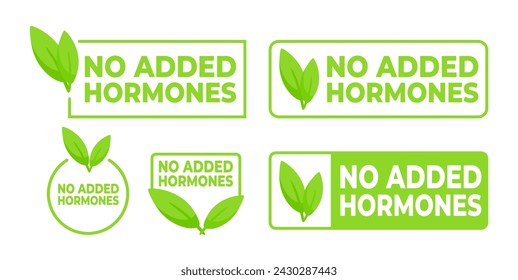Set of labels in green with a leaf symbol declaring No Added Hormones, ideal for clean and trustworthy food product packaging.