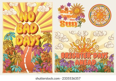 Set of labels, groovy retro posters with sun, sunbeams, chamomile flowers, text. Peaceful optimistic concept. Bright summer vintage illustration.