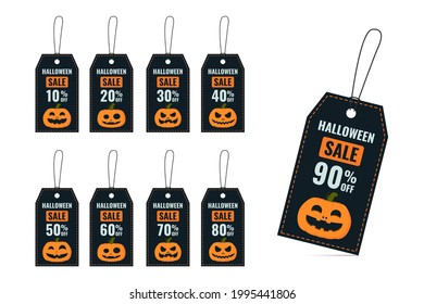Set of labels or halloween tags with pumpkin and signs on sale. cardboard sale labels. Vector illustration. Happy Halloween