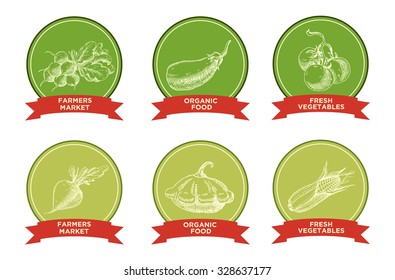A set of labels with hand drawn vegetables. Radishes;  tomatoes; beetroot; aubergine; pattypan squash; corn. For vegan products, brochures,  restaurant menu, farmers market and organic food store