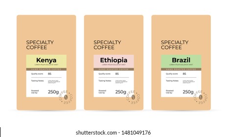 Set of labels for hand roasted Specialty Coffee. Branding and packaging design for coffee beans. Modern design concept of emblem, sticker, logo brand. Isolated template  for pack, advertisement, print