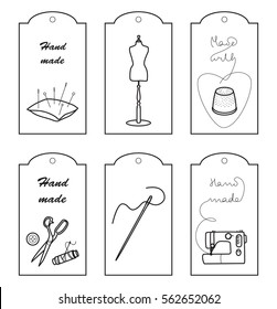 Set of labels for hand sewn clothes or sewing craft, Made with love, han sewn tags, Line vector