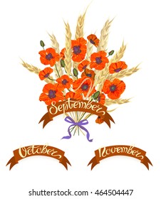 Set labels with hand-drawn lettering, months names of season year, Beautiful bouquet of poppy flowers. Vector illustration.