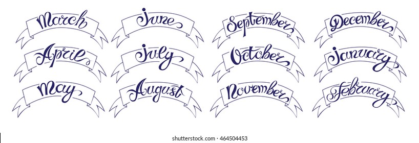 Set labels with hand-drawn lettering, months names of year, black on white. Vector illustration.