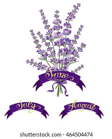 Set labels with hand-drawn lettering, months names of season year, Beautiful bouquet of lavender flowers. Vector illustration.