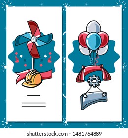 set labels of happy labor day with helmet and gear