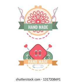 Set of labels, icons, emblems for handmade, embroidery, tailor, hand sewing and knitting. Vector illustration