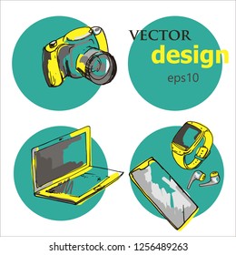 set of labels, icons or stickers, with wireless digital devices in the style of sketch, hand drawing, colorful vector design, eps 10