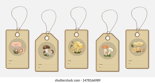 Set of labels with the image of forest mushrooms. Vector illustration