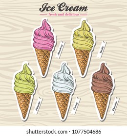 Set of labels with an image of an ice cream. Vector illustration for your design