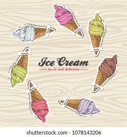 Set of labels with an image of an ice cream. Vector illustration for your design