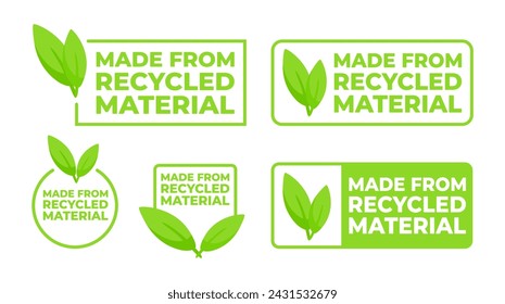 Set of labels indicating products are made from recycled material, featuring a green color scheme and leaf emblem for eco-awareness.