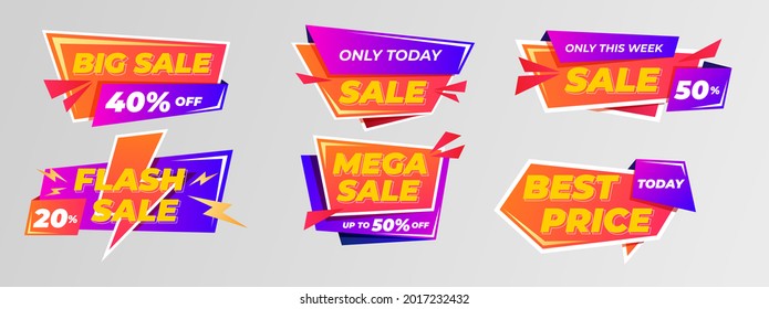 Set labels with inscription sale. Vector flat illustrations. Ad or promo. Shopping concept. Promotion price label mega sale, shop now, special discount, big sale, limited time only.
