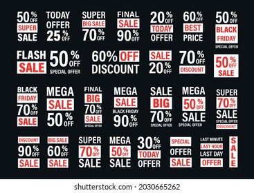 Set labels with inscription sale. Vector flat illustrations. Ad or promo. Shopping concept. Promotion price label mega sale, shop now, special discount, big sale, limited time only, last chance.