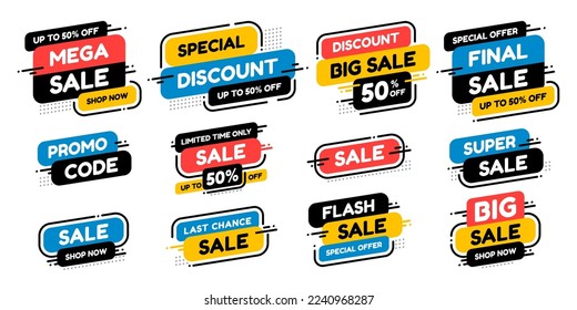 Set labels with inscription sale. Vector flat illustrations. Ad or promo. Shopping concept. Promotion price label mega sale, shop now, special discount, big sale, limited time only, last chance.