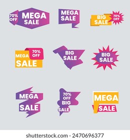 Set labels with inscription sale. Vector flat illustrations. Ad or promo. Shopping concept. Promotion price label mega sale, shop now, special discount, big sale, limited time only, last chance.