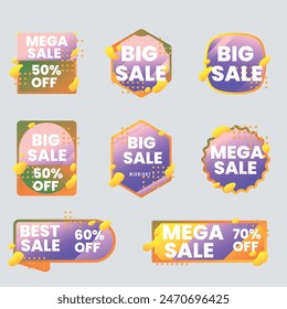 Set labels with inscription sale. Vector flat illustrations. Ad or promo. Shopping concept. Promotion price label mega sale, shop now, special discount, big sale, limited time only, last chance.