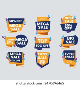 Set labels with inscription sale. Vector flat illustrations. Ad or promo. Shopping concept. Promotion price label mega sale, shop now, special discount, big sale, limited time only, last chance.