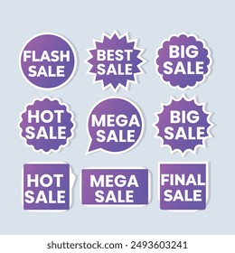Set labels with inscription sale. Vector flat illustrations. Ad or promo. Shopping concept. Promotion price label mega sale, shop now, special discount, big sale, limited time only, last chance.