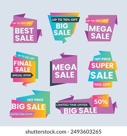 Set labels with inscription sale. Vector flat illustrations. Ad or promo. Shopping concept. Promotion price label mega sale, shop now, special discount, big sale, limited time only, last chance.