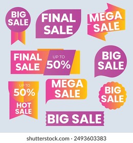 Set labels with inscription sale. Vector flat illustrations. Ad or promo. Shopping concept. Promotion price label mega sale, shop now, special discount, big sale, limited time only, last chance.
