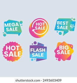 Set labels with inscription sale. Vector flat illustrations. Ad or promo. Shopping concept. Promotion price label mega sale, shop now, special discount, big sale, limited time only, last chance.