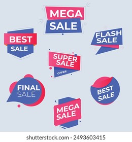 Set labels with inscription sale. Vector flat illustrations. Ad or promo. Shopping concept. Promotion price label mega sale, shop now, special discount, big sale, limited time only, last chance.