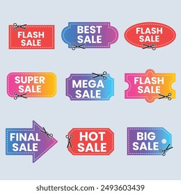 Set labels with inscription sale. Vector flat illustrations. Ad or promo. Shopping concept. Promotion price label mega sale, shop now, special discount, big sale, limited time only, last chance.