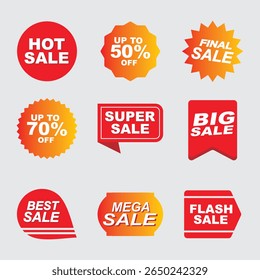 Ensemble d'étiquettes avec inscription vente. Image vectorielle d'illustrations à plat. Publicité ou promotion. Concept de shopping. Promotion prix étiquette méga vente, magasiner maintenant, réduction spéciale, grande vente, temps limité seulement, dernière chance.