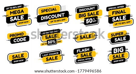 Set labels with inscription sale. Vector flat illustrations. Ad or promo. Shopping concept. Promotion price label mega sale, shop now, special discount, big sale, limited time only, last chance.