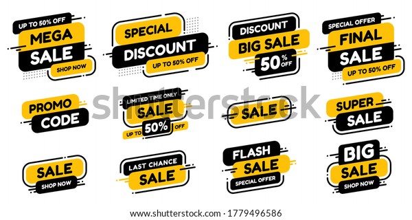 Set labels with inscription sale. Vector flat\
illustrations. Ad or promo. Shopping concept. Promotion price label\
mega sale, shop now, special discount, big sale, limited time only,\
last chance.