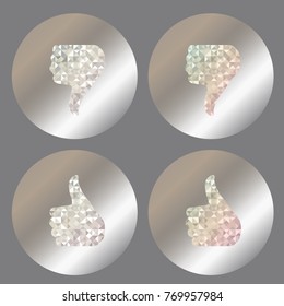 Set labels with iridescent and diamond holograms on metallic foil. Like and dislike icon with holographic effect. Vector illustration.