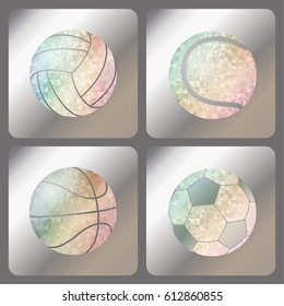 Set labels with iridescent holograms on metallic foil. Rainbow balls on silver basis with holographic effect for football, soccer, volleyball, water ball, basketball, tennis, baseball. Vector.