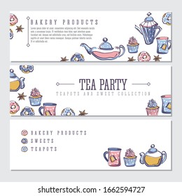 Set of labels with isolated vector color sketch of donuts, badyan, cupcakes, teapots and mugs