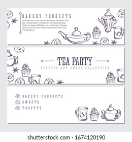 Set of labels with isolated vector sketch of donuts, badyan, cupcakes, teapots and mugs