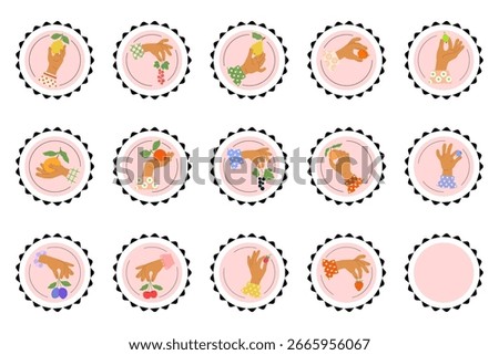 Set of labels for jars of berry jam: apple, pear, orange, lemon, blackcurrant, redcurrant, apricot, peach, strawberry, raspberry, cherry, plum, blueberry, bilberry, gooseberry. Vector illustration.