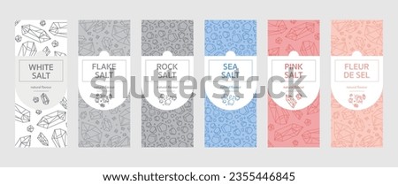 Set of labels for jars and bottles: Table salt, Sea, Pink Himalayan, Rock, Fleur de sel, Flake salt, red, pink, white, ready to print, template