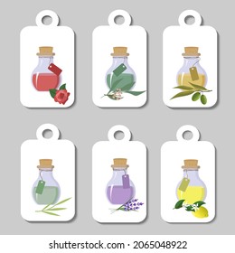 Conjunto de etiquetas con jarras de aceites para tratamientos de spa. Limón, eucalipto, té verde y aceites de lavanda, rosa y aceites de oliva. Aromaterapia, masaje y estilo de vida saludable. Ilustración vectorial para uso en spa