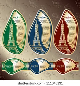 Set of labels with a kind on Eiffel tower (Paris). Red, Blue and Green colors are used. Grouped for easy editing. Perfect for labels for wine, champagne and etc.