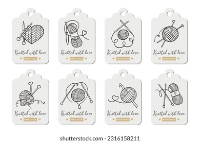 Set of labels Knitting. knitting needles with skeins of yarn and lettering Knitted with love. Hobby icons, logo, vector