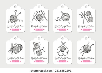Juego de etiquetas Tejido. agujas de punto con manchas de hilo y letras Punto con amor. Iconos de hobby, logotipo, vector