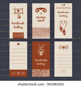 Set of labels for knitwear and wool. Hand drawn vector logo. Knit and Crochet. 