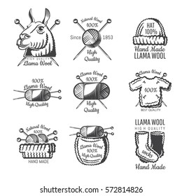 Set of labels from lama wool with yarn. Logo for knitted craft related site or business