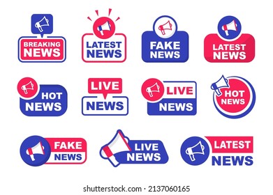 Set of labels latest news with megaphone. Breaking, live, hot and fake news. Announce loudspeaker icon. Vector illustration.