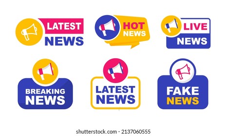 Set of labels latest news with megaphone. Breaking, live, hot and fake news. Announce loudspeaker icon. Vector illustration.