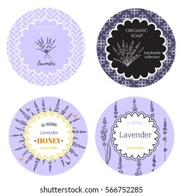 Set Of Labels With Lavender Flowers.Set Of Patterns, Labels And Logo Design Templates For Hand Made Organic Soap, Honey Packaging